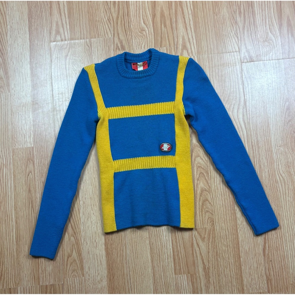 Vintage Anba Austrian Pure New Wool Sweater Blue Yellow Colorblock Ski Knit XS